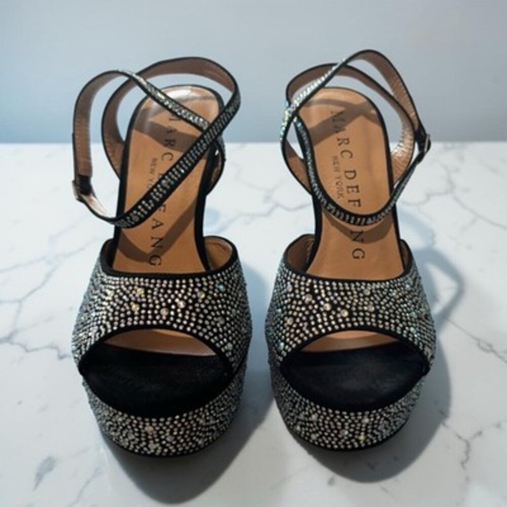 Marc Defang Women's Black Rhinestone Ankle Strap Platform Stiletto Heels 9.5